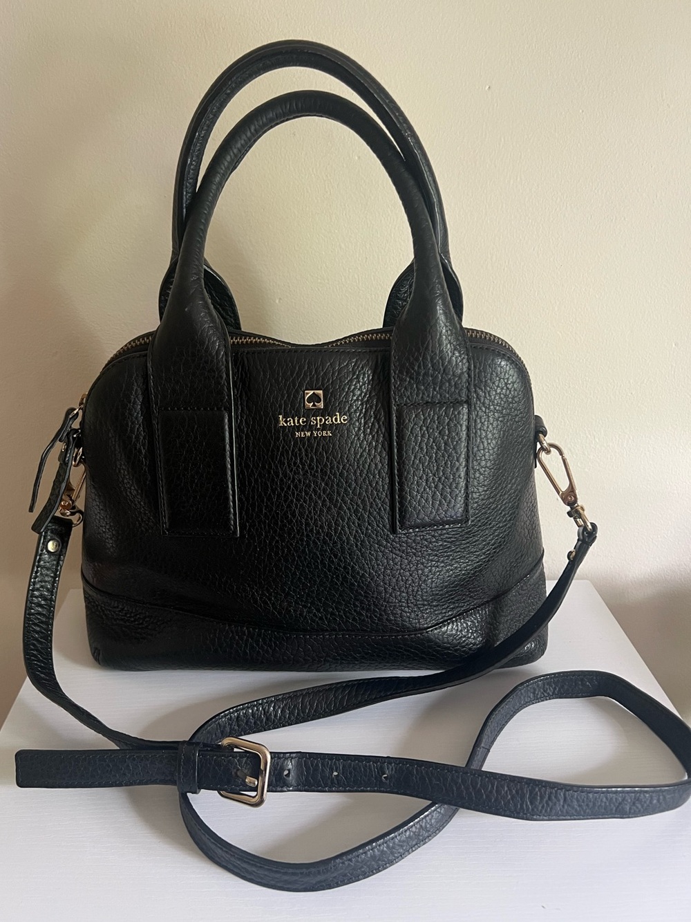 Vintage Kate Spade Classic - black pebbled leather satchel with gold hardware.